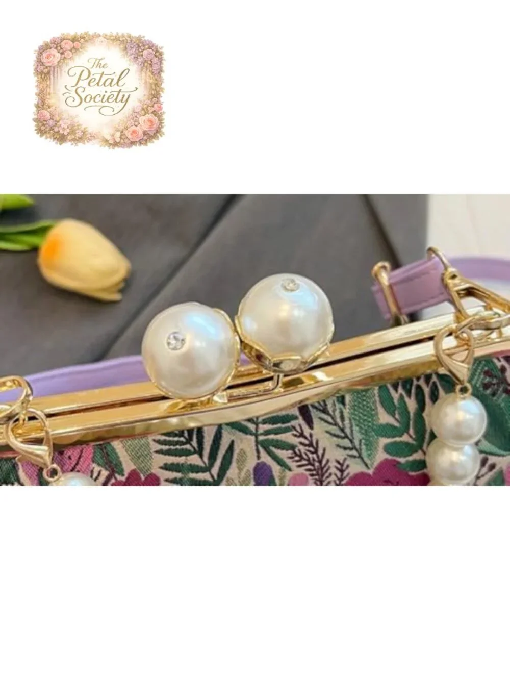 Vintage Embroidered Flower Crossbody Bag with Pearl Chain & Kiss Lock Clutch
